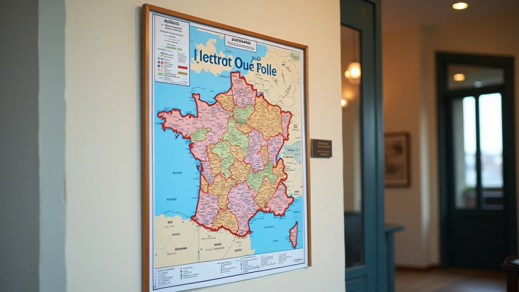 Carte régionale de la France affichée au mur, mairie ou salle administrative, détails administratifs locaux