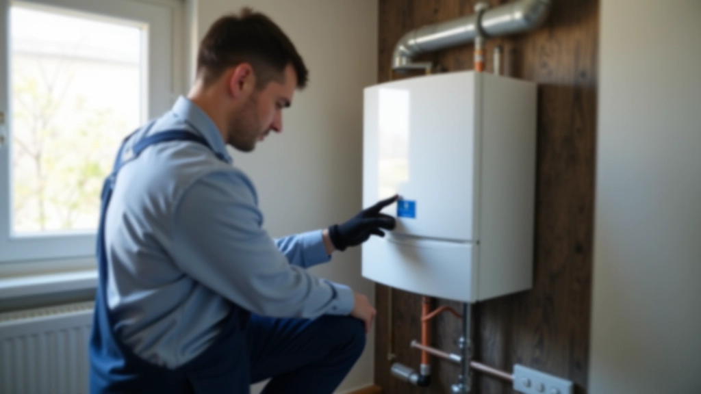 Chaudière moderne en cours d'entretien, technicien effectuant un contrôle annuel de sécurité