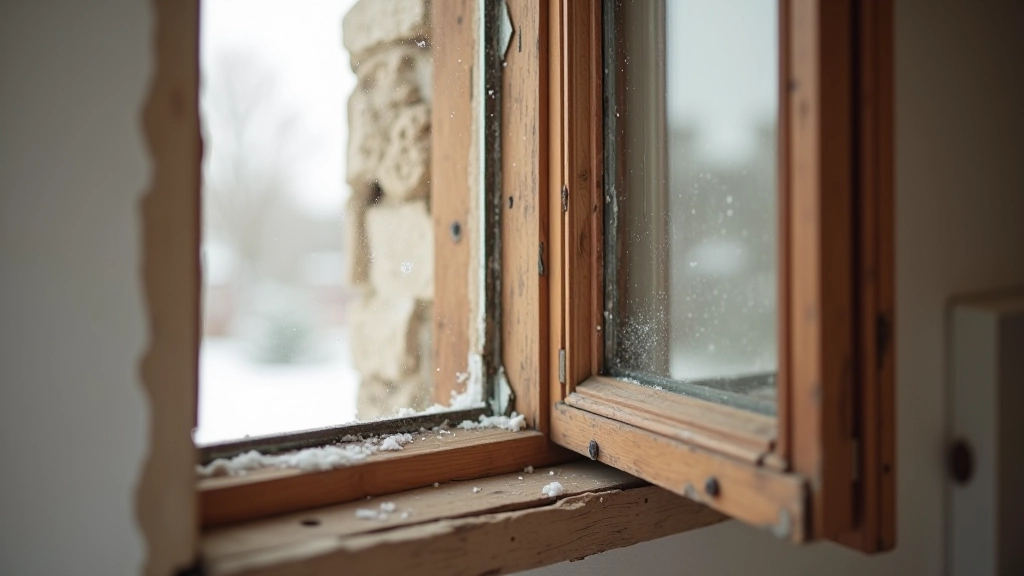 Fenêtre en bois ancien avec joint transparent, courant d'air froid visible, maison ancienne, détail technique