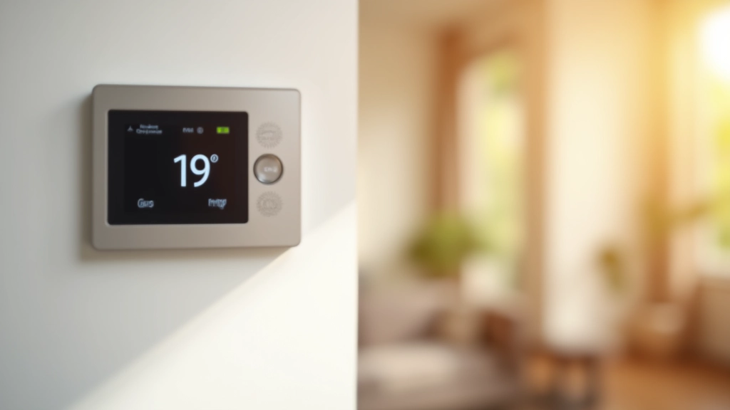 Thermostat numérique moderne affiché à 19 degrés dans salon, intérieur résidentiel chaleureux