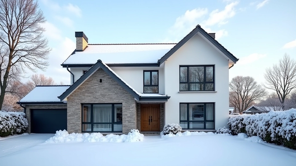 Maison moderne avec système de chauffage efficace, isolation thermique visible, hiver enneigé