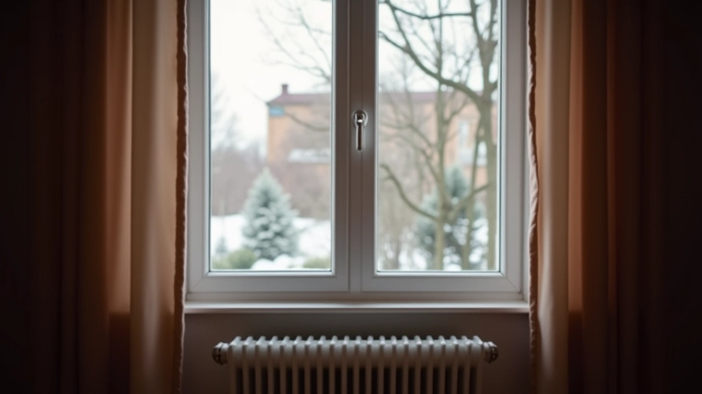 Rideaux épais fermés devant fenêtre en hiver, intérieur cosy avec chauffage radiateur visible