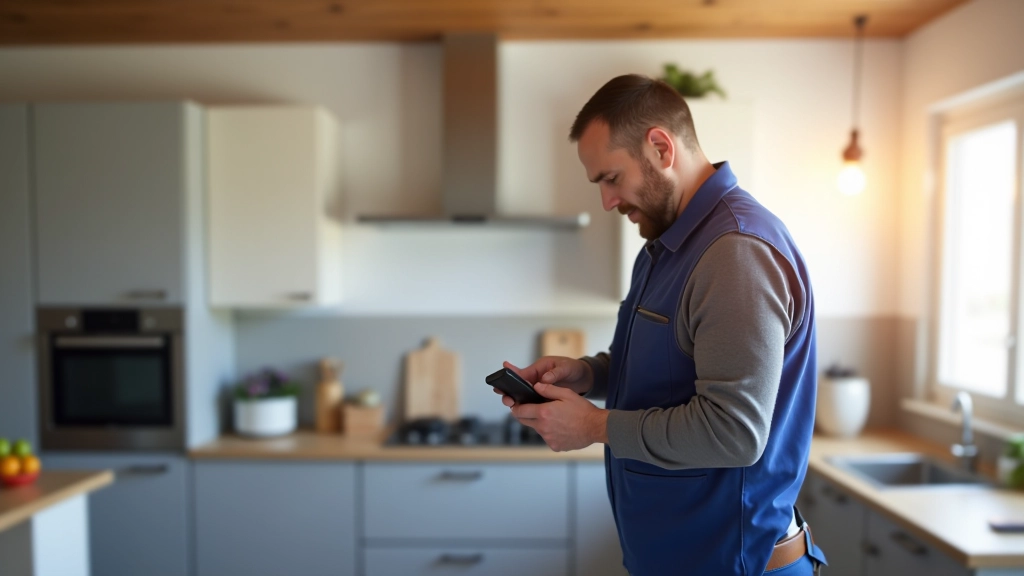 Technicien effectuant l'entretien annuel d'une chaudière gaz dans une cuisine moderne