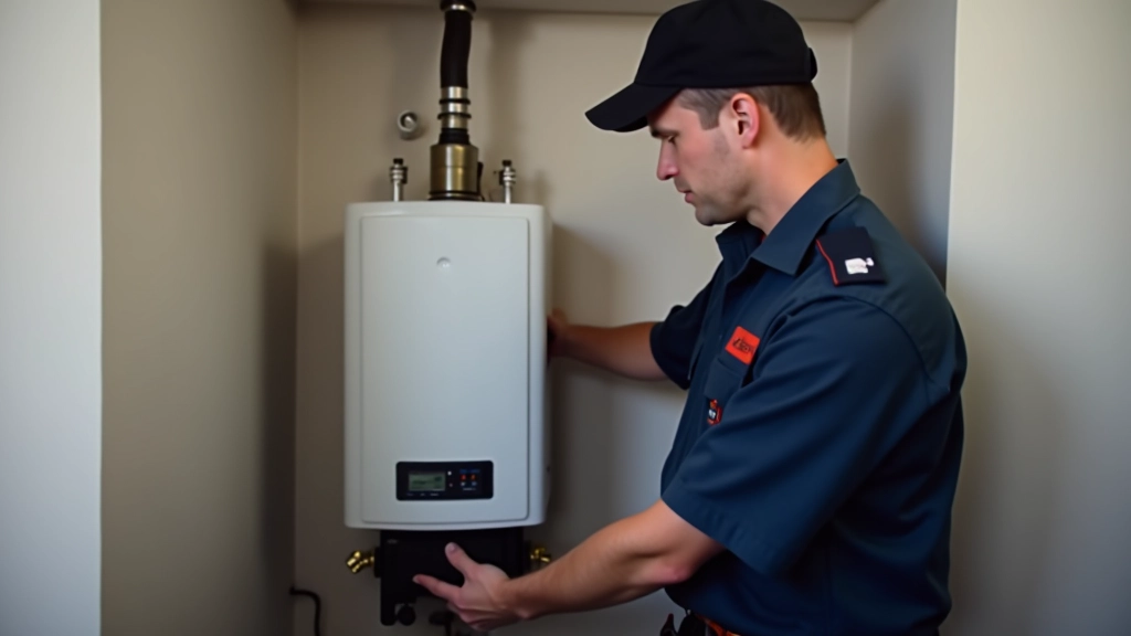 Technicien en uniforme contrôlant une chaudière de chauffage central, intervention de maintenance