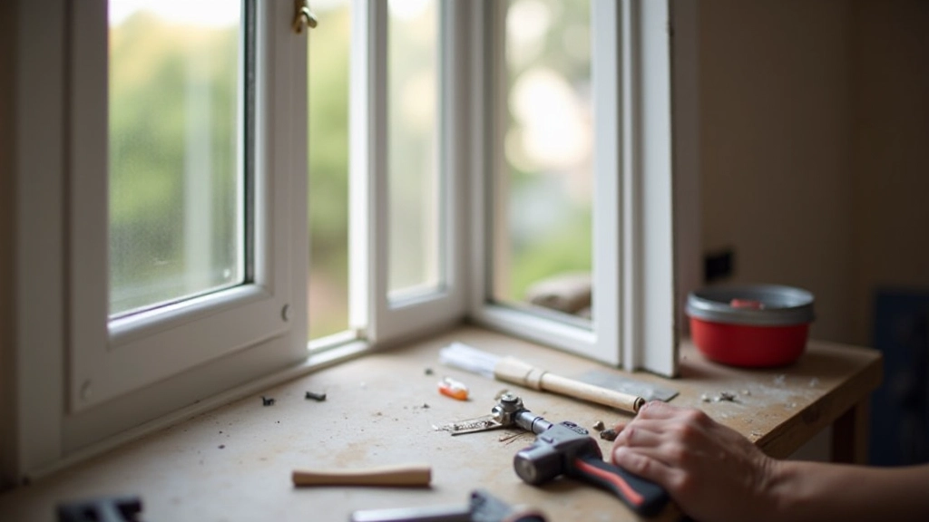 Atelier de rénovation avec fenêtre en cours de calfeutrage, outils d'étanchéité et joints étalés sur établi